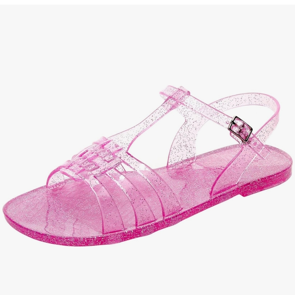Women Sandals Jelly Shoes Flats/ T-Strap/ Crystal Pink Glitter Jellies Slides